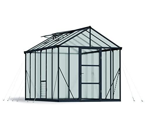 Palram - Canopia Glory 8 Ft. x 12 Ft. Greenhouse Kit with 4 Heavy Duty ShelvesHobby DIY Walk In Green House Heavy Duty Polycarbonate with Aluminium Frame, with Lockable Door and Vent for Garden (Gray)