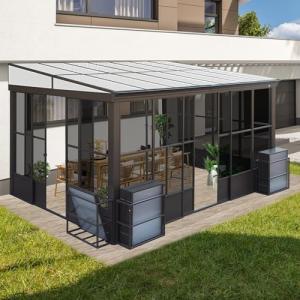10x12FT Wall-Mounted Sunroom with Sliding Doors