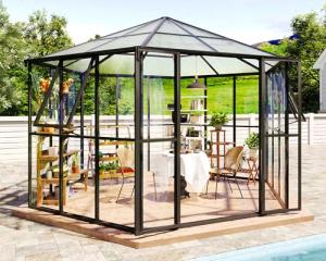 Jocisland 12x10x8 FT Hexagonal Greenhouse for Outdoors, Quick-Connectors, Aluminum Frame with 2 Vents, 2 Swing Doors, and Walk-in Design for Garden or Backyard, Black