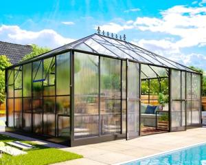 Jocisland 16x12x9.5 FT Polycarbonate Greenhouse- 6 FT Wall Height Outdoor Aluminum Greenhouses with 2 Ventilation and Rain Gutter, Double Doors with Hook, Walk-in Greenhouse for Backyard Garden