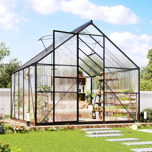 Jocisland 8x10Ft Polycarbonate Greenhouse, Heavy Duty Aluminum Frame with 2 Windows & Swing Doors, Outdoor Garden Greenhouses for Backyard, Black