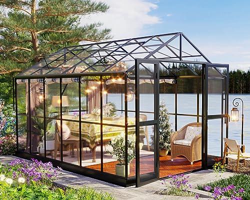 Jocisland 8x12x7.5 FT Greenhouse - Outdoor Aluminum Polycarbonate Greenhouse with Ventilation and Rain Gutter, 4 Swing Doors with Hook, Walk in Greenhouse for Outdoors Backyard Garden, Black