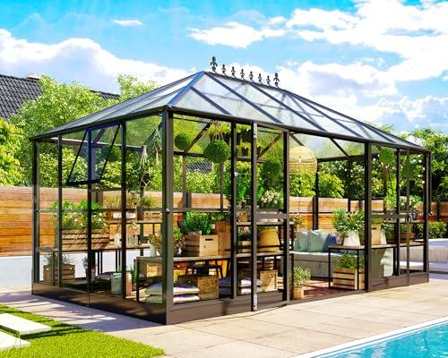 Jocisland 14x9.5x9 FT Polycarbonate Greenhouse with Clear Panels- 6 FT Wall Height Outdoor Aluminum Greenhouses with 2 Vents, Double Doors with Hook, Walk-in Greenhouse for Backyard Garden