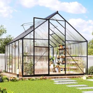 Jocisland 8x12Ft Polycarbonate Greenhouse, Heavy Duty Aluminum Frame with 2 Windows & Swing Doors, Outdoor Garden Greenhouses for Backyard, Black
