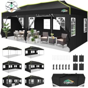 COBIZI 10x20 Pop Up Canopy Tent with 6 Removable Sidewalls, One Push Party Tent Outdoor Waterproof Event Canopy with Air Vent for Parties Commercial Wedding, 3 Height, Carry Bag, Sandbag, Black