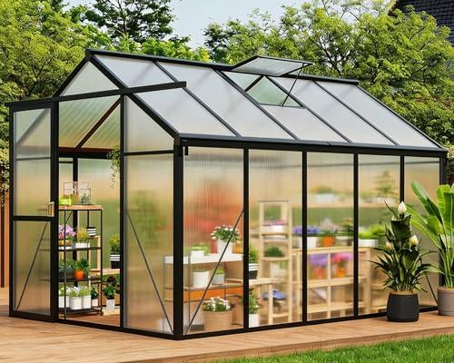 Takywep 6×10FT Greenhouses for Outdoors, Aluminum Polycarbonate Greenhouses with Roof Vent - Heavy-Duty Walk-in Green Houses for All-Season Backyard Gardening
