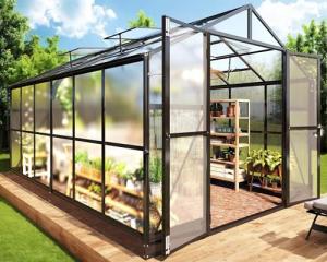 Jocisland 8x12 FT Polycarbonate Greenhouse with Quick-Connect Fittings, Large Walk-in Aluminum Sunroom with 2 Swing Doors and 4 Vents, Winter Greenhouse for Outdoors Black