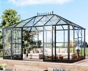 HOWE 14x9.5x9 FT Pavilion Styled Greenhouse with Clear Panels Double Swing Doors, 6 FT Wall Height Hybrid Polycarbonate Greenhouse, Green Houses for Outdoors, Sunroom Black
