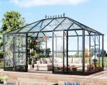 HOWE 14x9.5x9 FT Pavilion Styled Greenhouse with Clear Panels Double Swing Doors, 6 FT Wall Height Hybrid Polycarbonate Greenhouse, Green Houses for Outdoors, Sunroom Black