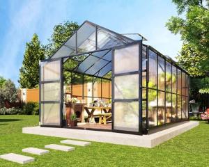 AMERLIFE 10'×14'×8.4' Outdoor Polycarbonate Greenhouse, Heavy-Duty Aluminum Frame Garden Greenhouse with 4 Roof Vents, Rain Gutters & Lockable Door, Fit for Backyard Garden, Black