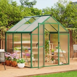 6×6 FT Greenhouse, Large Walk in Greenhouses for Outdoors and Garden Planting, Polycarbonate Greenhouse with Enhanced Aluminum Frame, Green Houses with Quick Setup Structure and Roof Vent, Green
