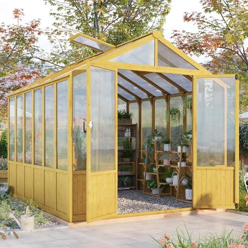 Jocisland 8x9.5x7.5 Ft Wooden Greenhouse, Pre-Assembled Solid Cedar Frame, Walk-in Design, Lockable Door, Adjustable Roof Vents, Polycarbonate Panels for Outdoor, Garden, Backyard