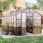 AirWire 8x16 FT Wooden Greenhouse for Outdoors, Walk in Polycarbonate Greenhouse with Locked Door and Roof Vent, Heavy Duty Green Houses with Cedar Frame for Outside, Garden, Backyard, Brown