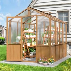 AirWire 6x8 FT Wooden Greenhouse with Cedar Frame, Walk-in Heavy Duty Green House for Outdoors with 6MM Thick Polycarbonate Panel and Adjustable Roof Vents