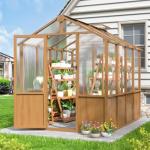 AirWire 6x8 FT Wooden Greenhouse with Cedar Frame, Walk-in Heavy Duty Green House for Outdoors with 6MM Thick Polycarbonate Panel and Adjustable Roof Vents