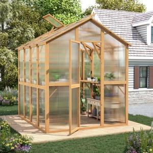 AECOJOY 6x7 FT Wooden Greenhouse for Outdoors, Walk-in Garden Greenhouse with Plant Stand, Lockable Door, Adjustable Roof Vent & Sturdy Polycarbonate Panels for Backyard or Patio
