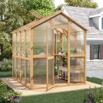 AECOJOY 6x7 FT Wooden Greenhouse for Outdoors, Walk-in Garden Greenhouse with Plant Stand, Lockable Door, Adjustable Roof Vent & Sturdy Polycarbonate Panels for Backyard or Patio