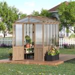 6X8FT Cedar Frame Wooden Greenhouse – Outdoor Walk-in Greenhouse with Roof Vent, Wood & Polycarbonate Construction