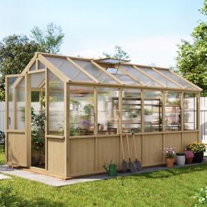 6x12 FT Large Wooden Heavy Duty Spruce Frame Greenhouse with PC Panels, Adjustable Roof Vents & Lockable Door, Walk-in