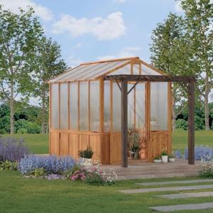 8X13ft Greenhouse Kit with Pergola, Wooden Walk-in Green House with Cedar Frame, Greenhouse Kit with 6mm Thick Polycarbonate Panel