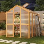 AECOJOY 6x7 FT Wooden Greenhouse for Outdoors, Walk-in Garden Greenhouse with Plant Stand, Lockable Door, Adjustable Roof Vent & Sturdy Polycarbonate Panels for Backyard or Patio