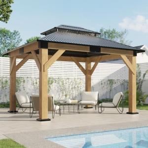AMERLIFE 10x12 Wood Gazebo, Hardtop Gazebo with Spruce Frame and Aluminum Double Roof, Outdoor Pergola for Parties, Backyard, Patio, Lawns, Black + Natura Wood