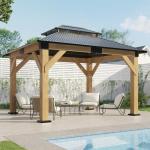 AMERLIFE 10x12 Wood Gazebo, Hardtop Gazebo with Spruce Frame and Aluminum Double Roof, Outdoor Pergola for Parties, Backyard, Patio, Lawns, Black + Natura Wood