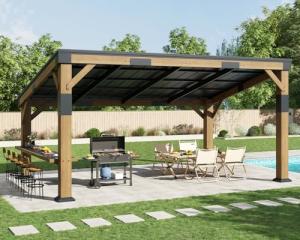 AMERLIFE 10x14 FT Spruce Wood Grill Gazebo, Permanent Galvanized Steel Lean to Canopy & Built-in Bar Shelf – Outdoor BBQ Gazebo Pergola for Deck, Backyard, Garden