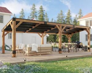 AMERLIFE 10 x 20FT Wood Gazebo with Metal Hardtop, Large Outdoor Grill Canopy with Sloped Roof, Heavy Duty Pergola for Garden, Patio, Backyard, Spruce