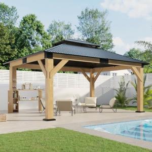 AMERLIFE 13x15 Hardtop Gazebo, Spruce Wood Gazebo with Storage Bar Counter, Outdoor Pavilion with Double Iron Roof, for Patio, Lawns, Garage, Black + Natural Wood