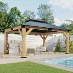 AMERLIFE 13x15 Hardtop Gazebo, Spruce Wood Gazebo with Storage Bar Counter, Outdoor Pavilion with Double Iron Roof, for Patio, Lawns, Garage, Black + Natural Wood