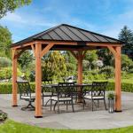 Modern Shade Tranquil Grove Wood Gazebo 10' x 10', Permanent Grill Gazebo with Galvanized Steel Hardtop Roof, Cedar Framed Wooden Pavilion for Garden, Backyard