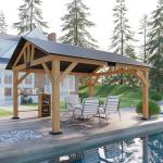 AMERLIFE 13x15 ft Spruce Wood Gazebo, Outdoor Gazebo with Bar Storage, Hardtop Wooden Paviloin with Metal Steel Gable Roof, Patio, Garage, Black + Natural Wood