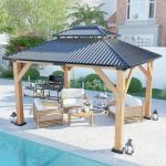 AMERLIFE 10x12 Spruce Wood Gazebo, Hardtop Gazebo with Aluminum Double Roof, Outdoor Pergola with Wood Frame for Parties, Backyard, Lawns, Patio