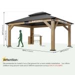 AMERLIFE 13x15 Hardtop Gazebo, Spruce Wood Gazebo with Storage Bar Counter, Outdoor Pavilion with Double Iron Roof, for Patio, Lawns, Garage, Black + Natural Wood