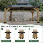 AMERLIFE 13x15 Hardtop Gazebo, Spruce Wood Gazebo with Storage Bar Counter, Outdoor Pavilion with Double Iron Roof, for Patio, Lawns, Garage, Black + Natural Wood
