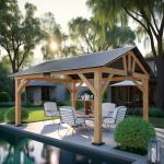 AMERLIFE 13x15 ft Spruce Wood Gazebo, Outdoor Gazebo with Bar Storage, Hardtop Wooden Paviloin with Metal Steel Gable Roof, Patio, Garage, Black + Natural Wood