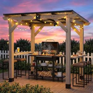 8x6 FT Outdoor Wood Grill Gazebo with Sloping Steel Roof, Hardtop Patio BBQ Wooden Gazebos with 2 Side Storage Bar,Cedar Frame Gazebo for Barbecue, Garden, Deck ，Backyard