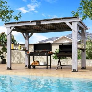 Raysfung 6.5x12.5 FT Wood Grill Gazebo, BBQ Wooden Gazebo with Hardtop Galvanized Steel Roof, Outdoor Cedar Wood Gazebos with 2 Side Shelves for Barbecue, Garden, Deck