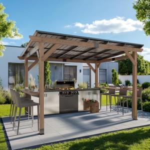 8x10 FT Outdoor Wood Grill Gazebo with Sloping Steel Roof, Hardtop Patio BBQ Wooden Gazebos with 2 Side Storage Bar,Cedar Frame Gazebo for Barbecue, Garden, Deck ，Backyard