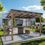 8x10 FT Outdoor Wood Grill Gazebo with Sloping Steel Roof, Hardtop Patio BBQ Wooden Gazebos with 2 Side Storage Bar,Cedar Frame Gazebo for Barbecue, Garden, Deck ，Backyard