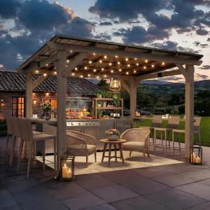 CHARMELEON Grill Gazebo 8 x 10 FT,Cedar Wood BBQ Gazebo with 2 Thick Wooden Side Serving Shelves,Permanent Patio Pavilion with Galvanized Steel Roof for Outdoor,Backyard,Garden,Deck-Gray