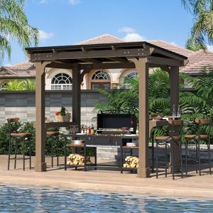VEIKOU 8’x5’ Grill Gazebo, Patio Gazebo with Hardtop Metal Roof, Rainwater Drainage, Wood Frame, BBQ Gazebo for Barbecue, Backyard, Garden, Light Mocha Brown