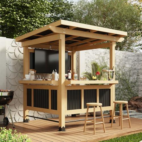 MOUMON 7FT Grill Gazebo with TV Mount, Cedar Wood Bar Gazebo Outdoor Bar Set with PVC Roof, Dual Countertop, Shelves, Patio Entertain Center Shade Pavilion for Backyard Garden Poolside Beige