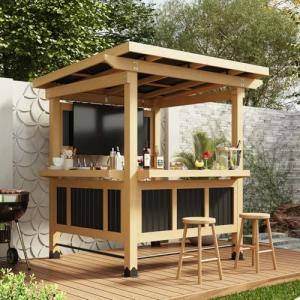 MOUMON 7FT Grill Gazebo with TV Mount, Cedar Wood Bar Gazebo Outdoor Bar Set with PVC Roof, Dual Countertop, Shelves, Patio Entertain Center Shade Pavilion for Backyard Garden Poolside Beige