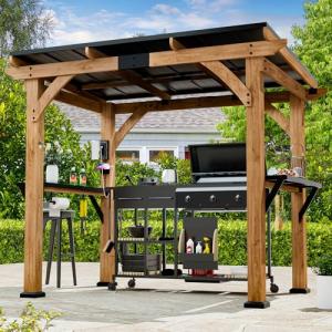 Modern Shade Grill Gazebo 6' X 8', Cedar Wood Gazebo with Shelves and Paper Towel Holder, Patio Pavilion with Galvanized Steel Roof, USB and USB-C Charging Ports, BBQ Gazebo for Patio Backyard