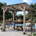 8x6 FT Outdoor Wood Grill Gazebo with Sloping Steel Roof, Hardtop Patio BBQ Wooden Gazebos with 2 Side Storage Bar,Cedar Frame Gazebo for Barbecue, Garden, Deck ，Backyard