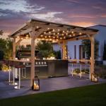 8x10 FT Outdoor Wood Grill Gazebo with Sloping Steel Roof, Hardtop Patio BBQ Wooden Gazebos with 2 Side Storage Bar,Cedar Frame Gazebo for Barbecue, Garden, Deck ，Backyard