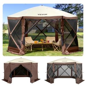 VEVOR Pop Up Gazebo Screen Tent 6 Sided Canopy Sun Shelter with 6 Removable Privacy Wind Cloths & Mesh Windows, 11.5x11.5FT Quick Set Screen Tent with Mosquito Netting, Brown