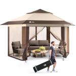 CROWN SHADES 13x13 Pop Up Gazebo with Mosquito Nettings, Patented Center Lock 6-Sided Portable Gazebo, 300D Silver-Coated Fabric UV Resistant, Pop Up Canopy Tent for Patio, Party, Beige&Coffee